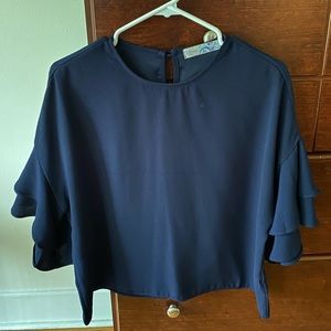 Navy Boutique Quarter Sleeve Top w/ Ruffle Sleeve
